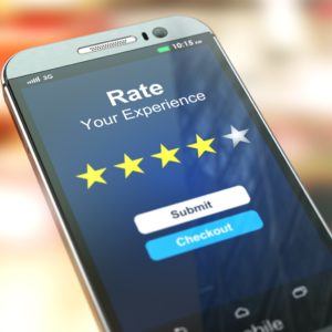 Product reviews rating experience on a mobile device screen during checkout